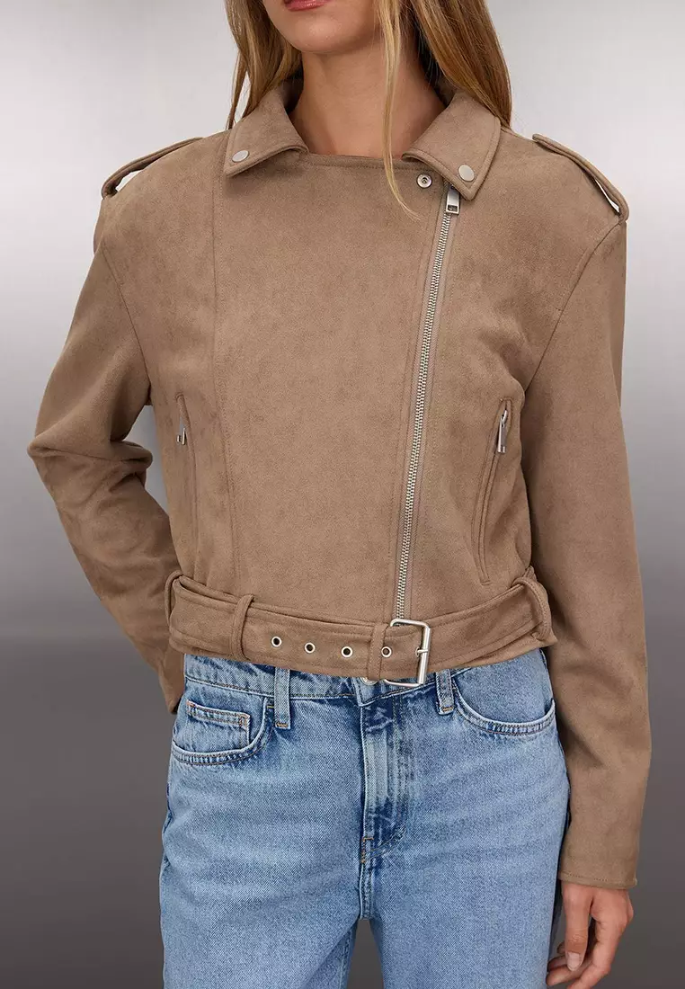 Mink Regular Fit Suede Biker Slim Jacket Coat