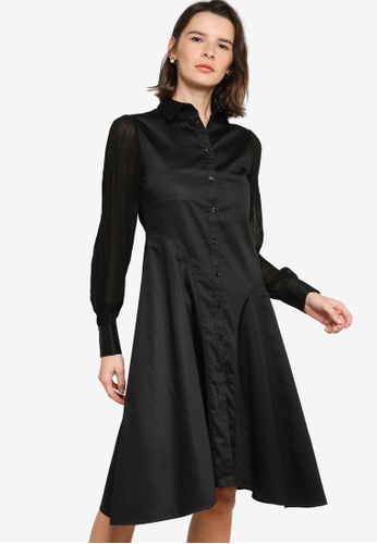 ck Calvin Klein black Wrinkle Free Cotton With Pleated Chiffon Sleeves Dress C2C19AA965DC57GS_1