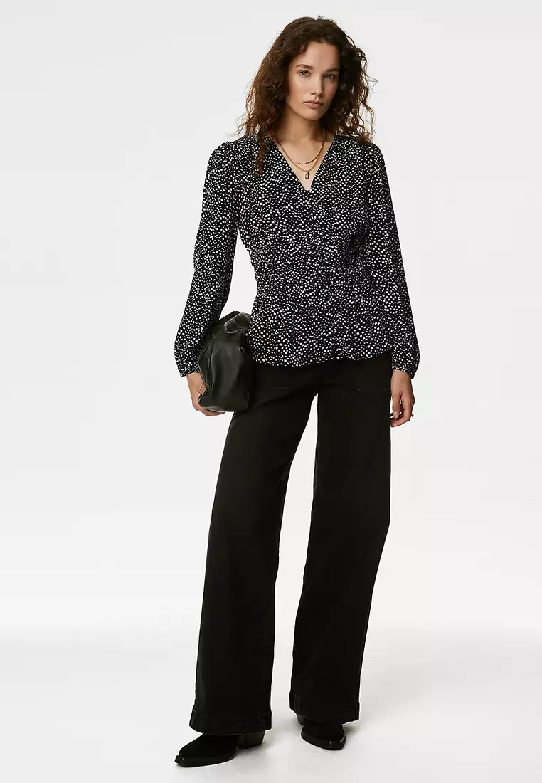 Printed Button Through Waisted Blouse