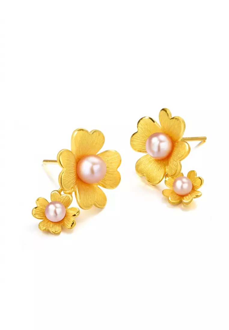 Chinese Wedding Collection 999.9 24K Gold Bridal Blossom, Floral Drop Earrings for Women 89000E