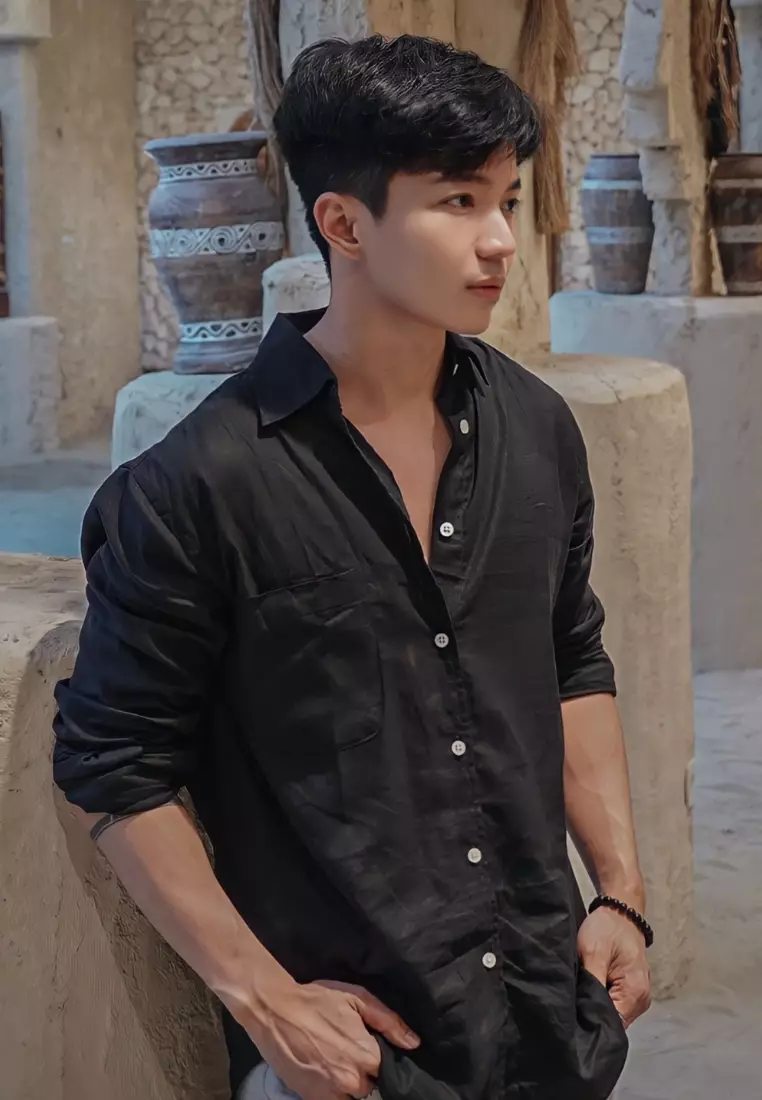 Midnight Kemeja Linen Lengan Panjang Pria Hitam | Linen Long Sleeve Shirt Men Black