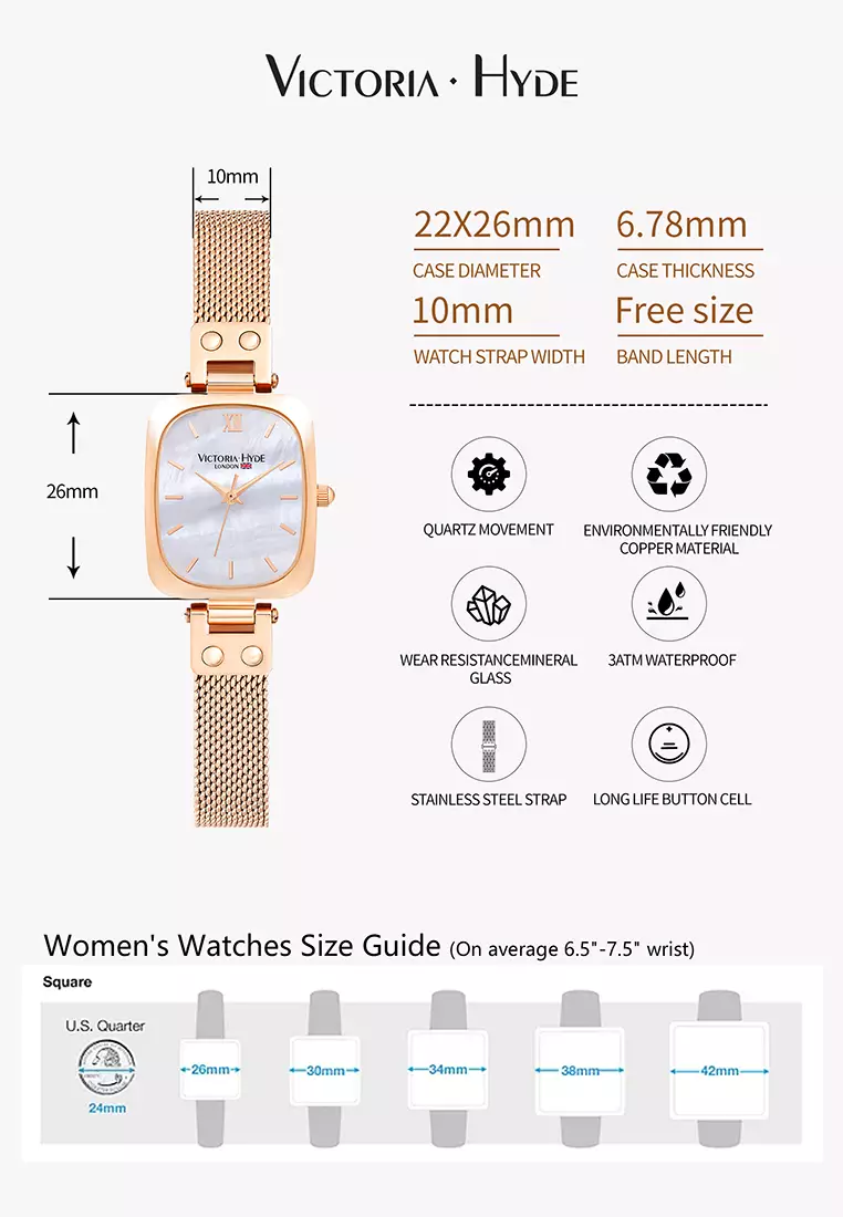 Vivian 22×26mm女士手表 不鏽鋼表帶 長方形天然貝母表盤 優雅經典-玫瑰金