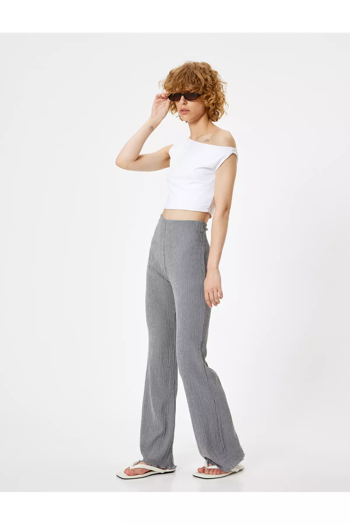 喇叭褲 高腰索繩腰部彈性嫘縈混紡紋理