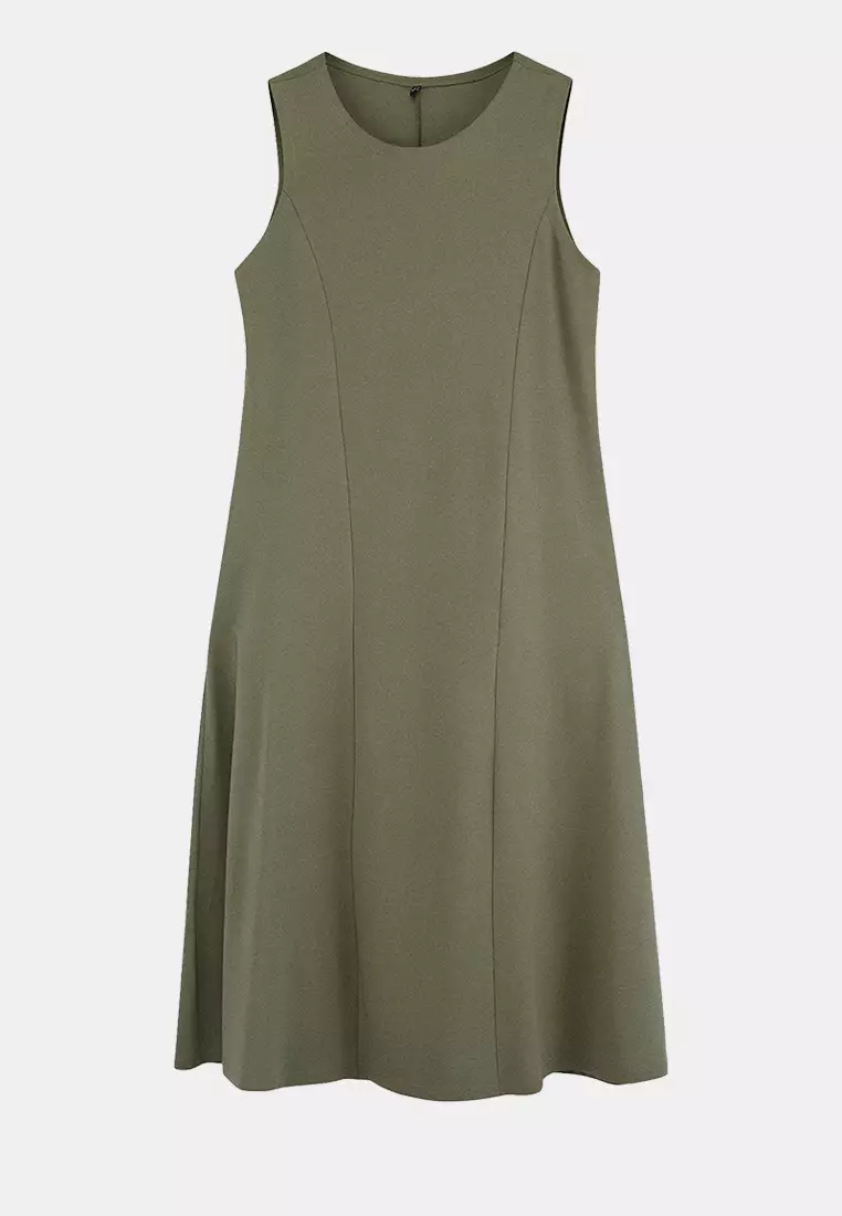 Dark Khaki 100% Cotton Open-Waist Crew Neck Midi Knitted Midi Plus Size Dress Tbbss26Ah00157