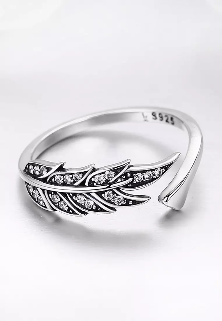 Solid 925 Sterling Silver Antiqued Angel Feather Ring