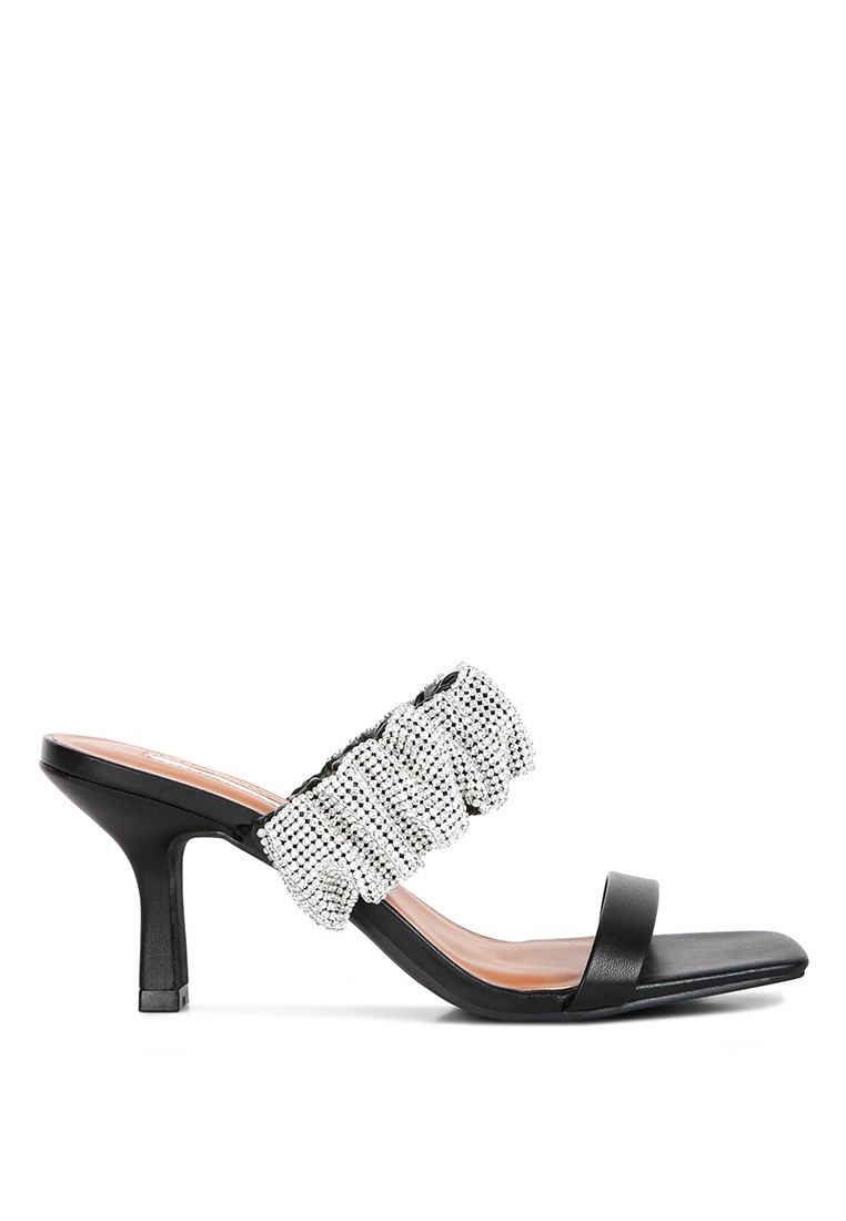 Black Diamante Ruched Strap Sandals