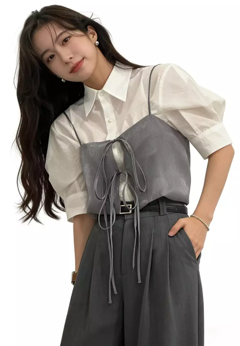 Square Neck Tie Front Camisole CA26031915GY