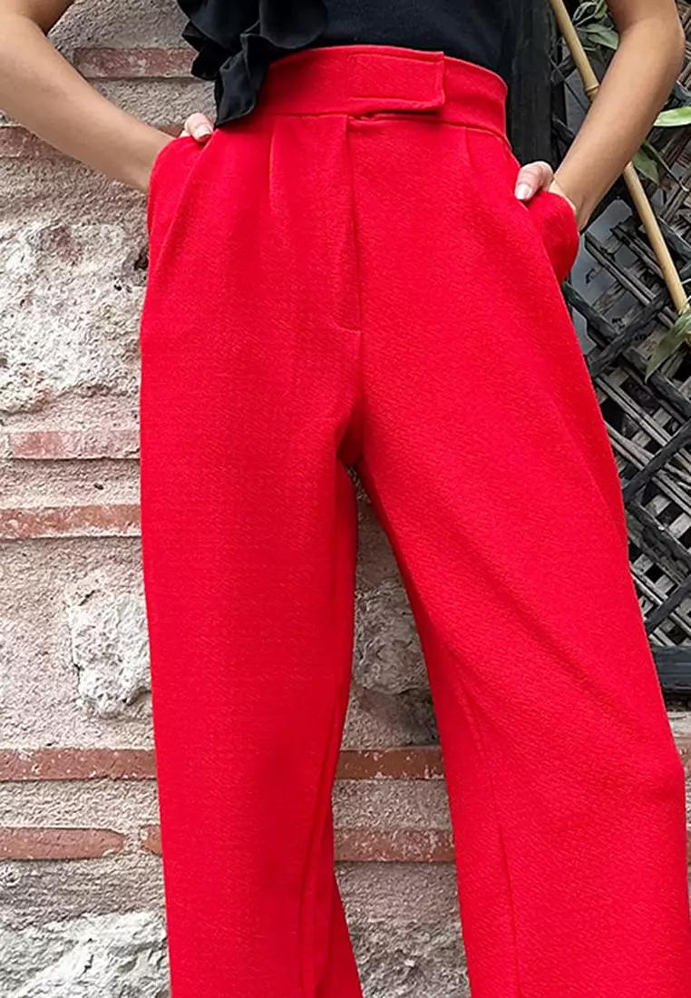 High waist wide leg pleated pants in red