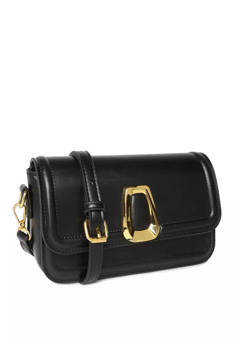 Classic Gold Buckle Flap Bag in Black