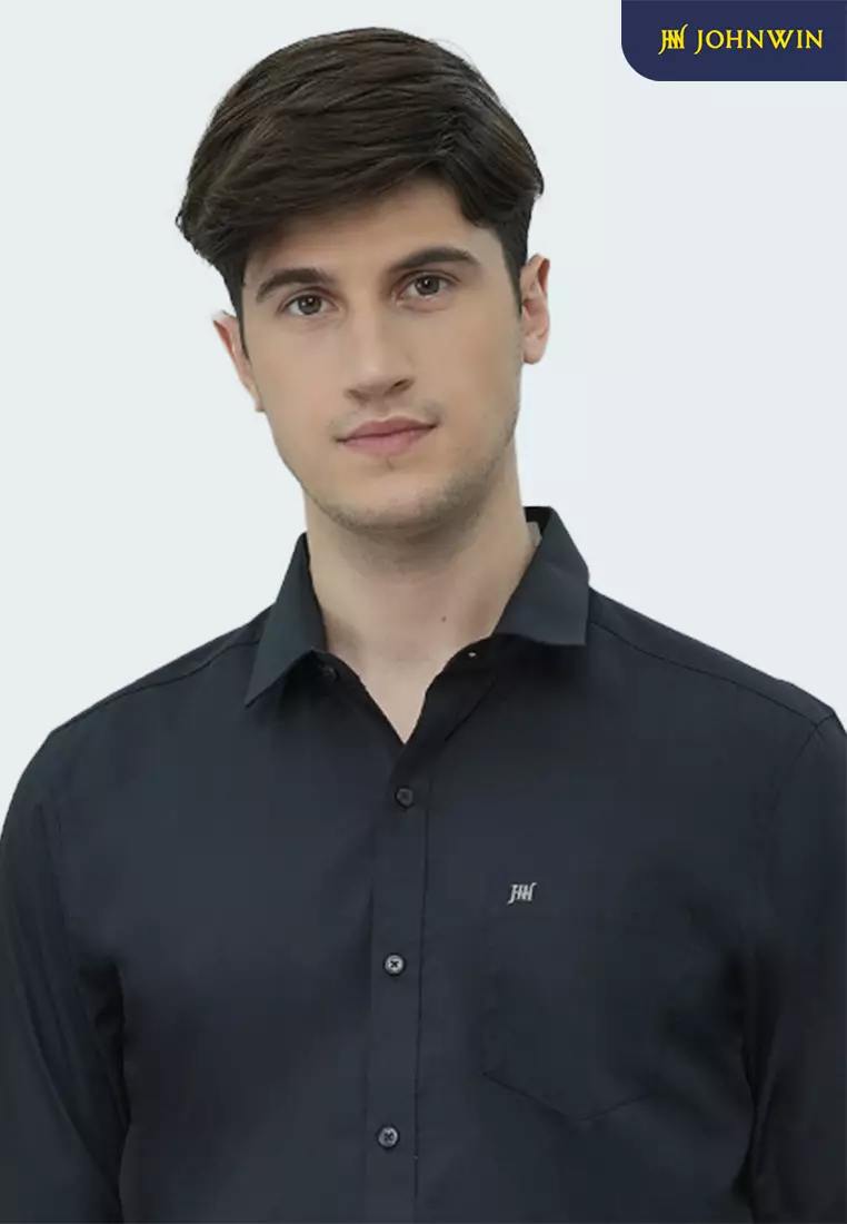 Johnwin - Kemeja Formal Oppulence - Kemeja Pria - Model Basic - Katun Knitting - Lengan Panjang - Slim Fit - Hitam - FSH.650.K395.982.C-L/S