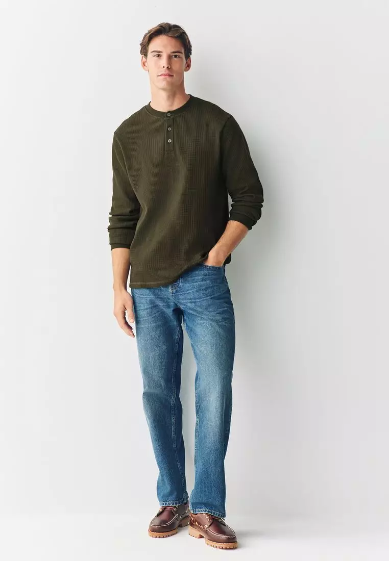 Long Sleeve Grandad Collar 100% Cotton T-Shirt