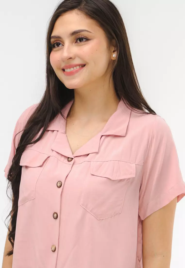 Woven Plain Rayon Short Sleeves Blouse