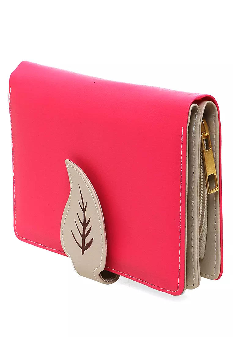 Fecesa Dompet Pendek Lipat Wanita Model Leaf Wallet Casual Many Slot Material Kulit Leather ORIGINAL - Pink