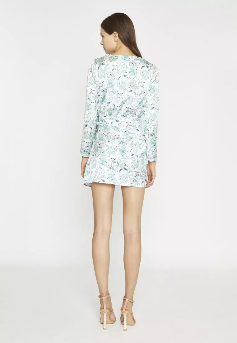 白色薄荷佩斯利緞面裹身迷你連衣裙