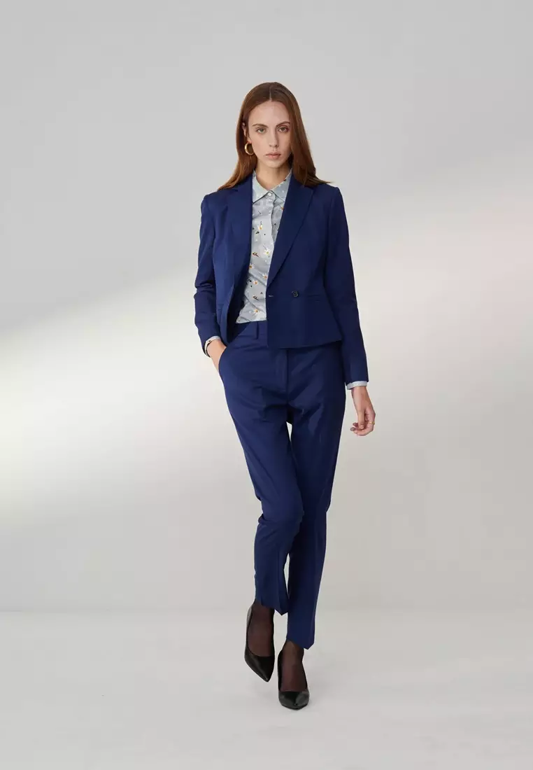 寶藍色方領短版西裝外套