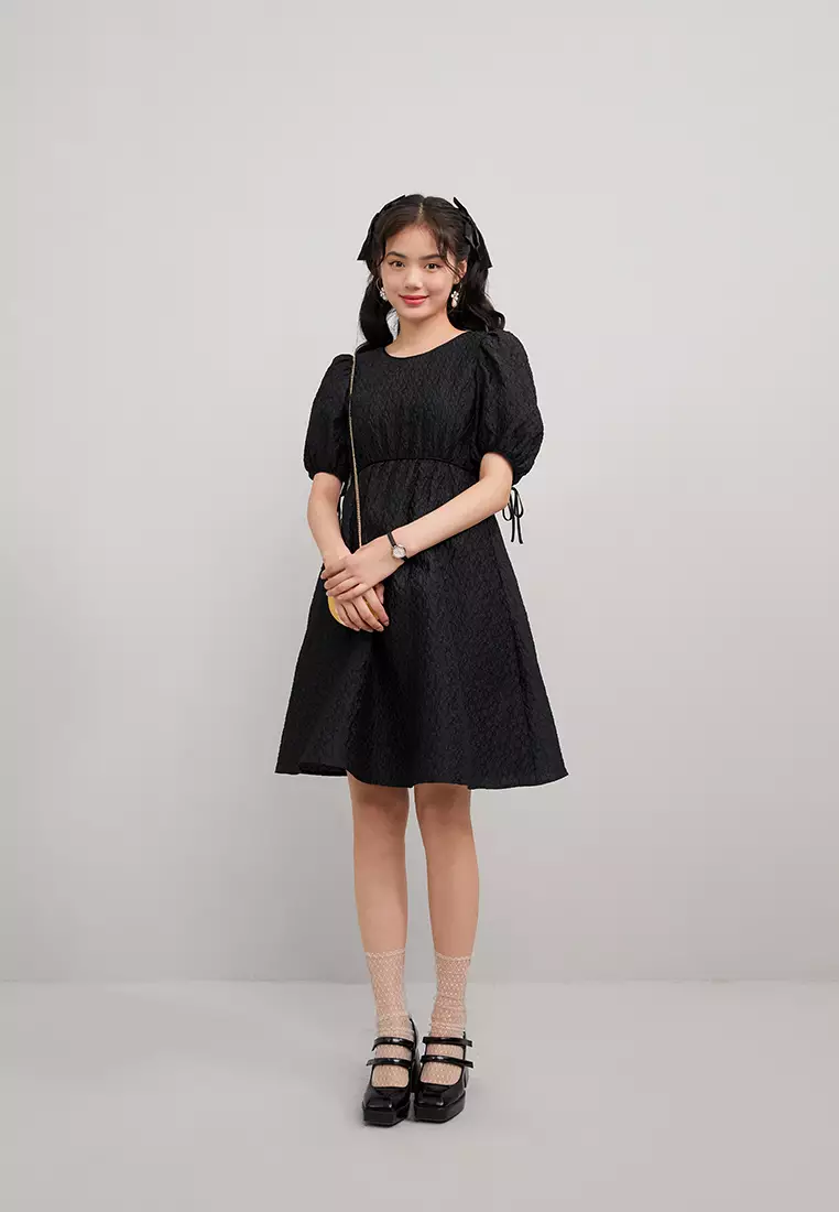 Puff Sleeve Floral Embossed Mini Dress