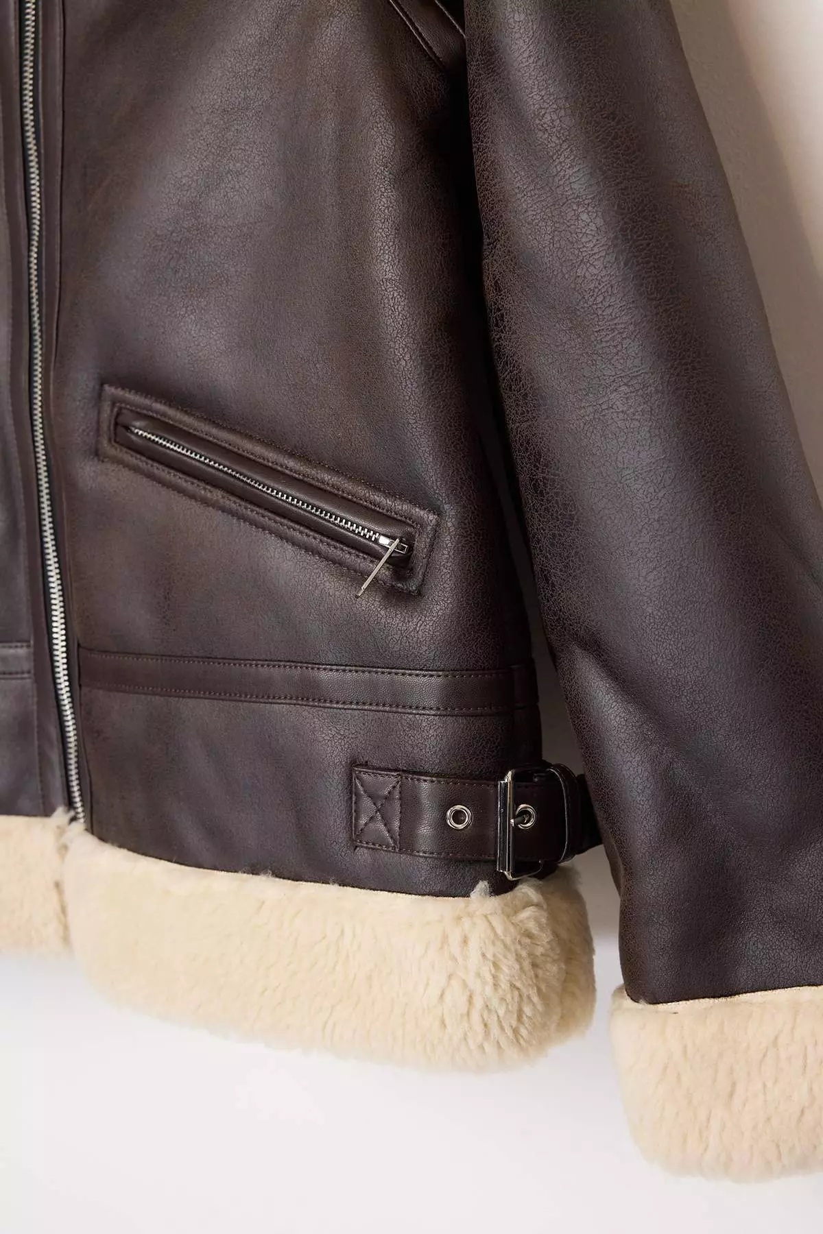 Dark Brown Regular Collar Belt Detailed Plush Faux Leather Biker Jacket Coat TWOAW25MO00000