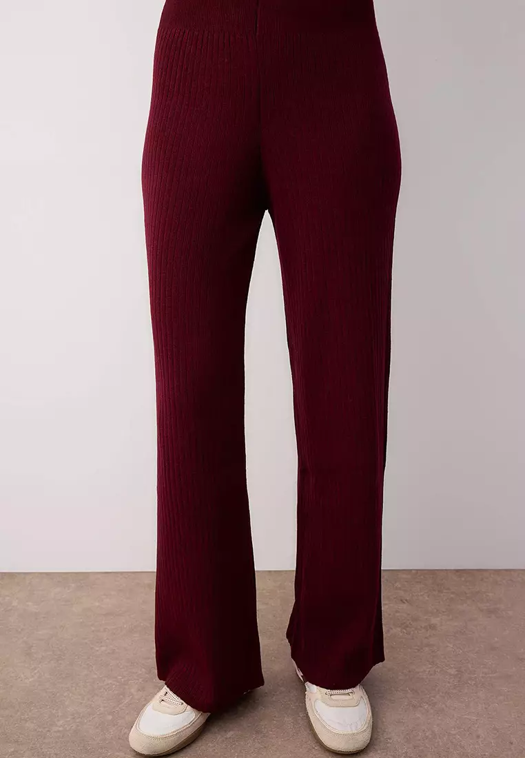 Claret Red Wide Pattern Basic Ribbed Knitwear Top-Bottom Set Twoss20Au0084