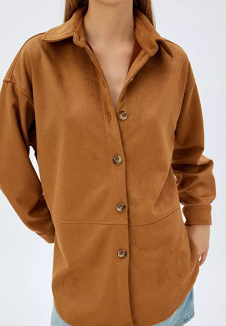 Long Sleeve Buttoned Faux Suede Shirt Jacket
