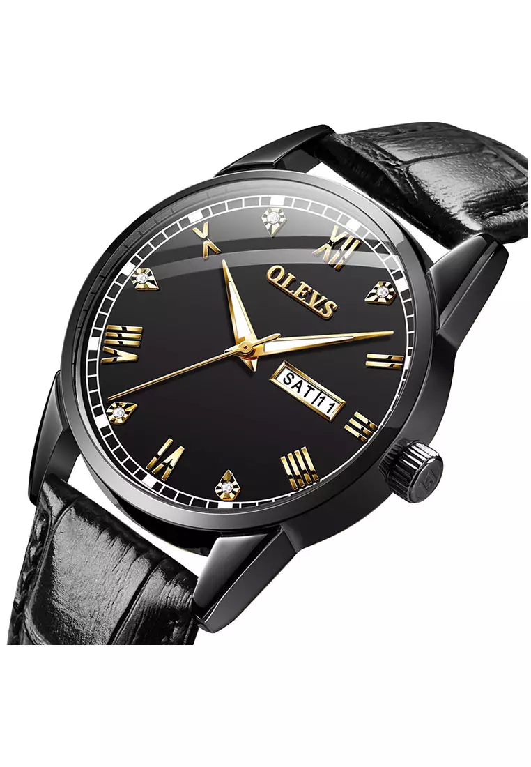 Olevs Classic Crystal Roman Marker Leather Men Quartz Watch