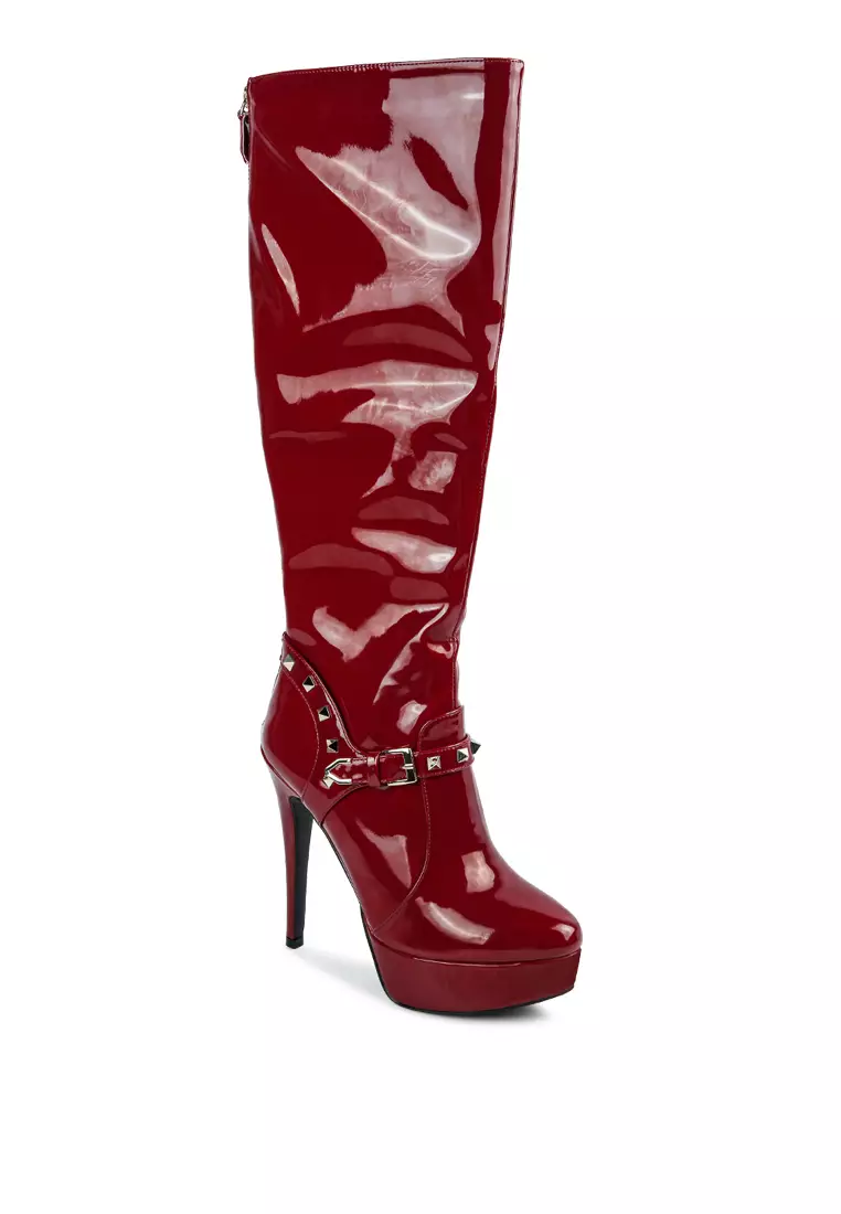 Red leather top mid calf boots