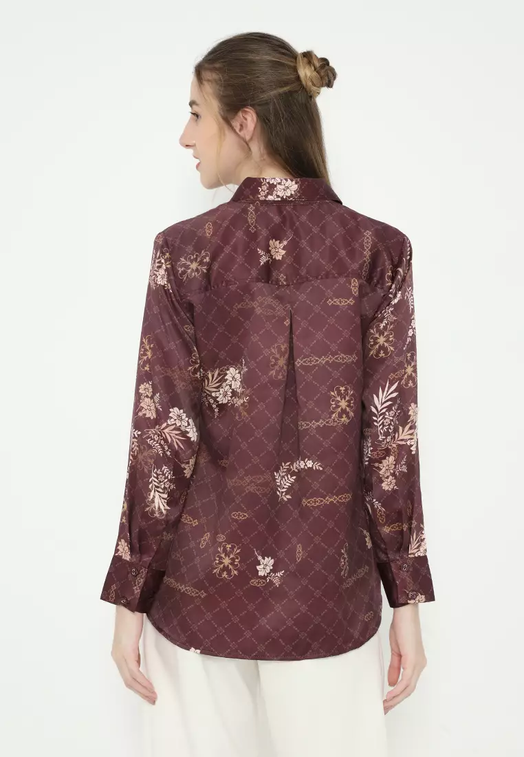 Floral Shirt Armany Silk Long Sleeve In Burgundy By Brilliant Girl Warna UNGU