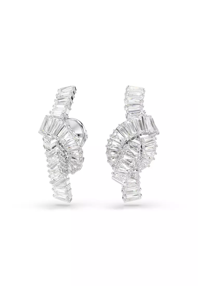 Matrix earrings, Baguette cut, Knot, White, Rhodium plated