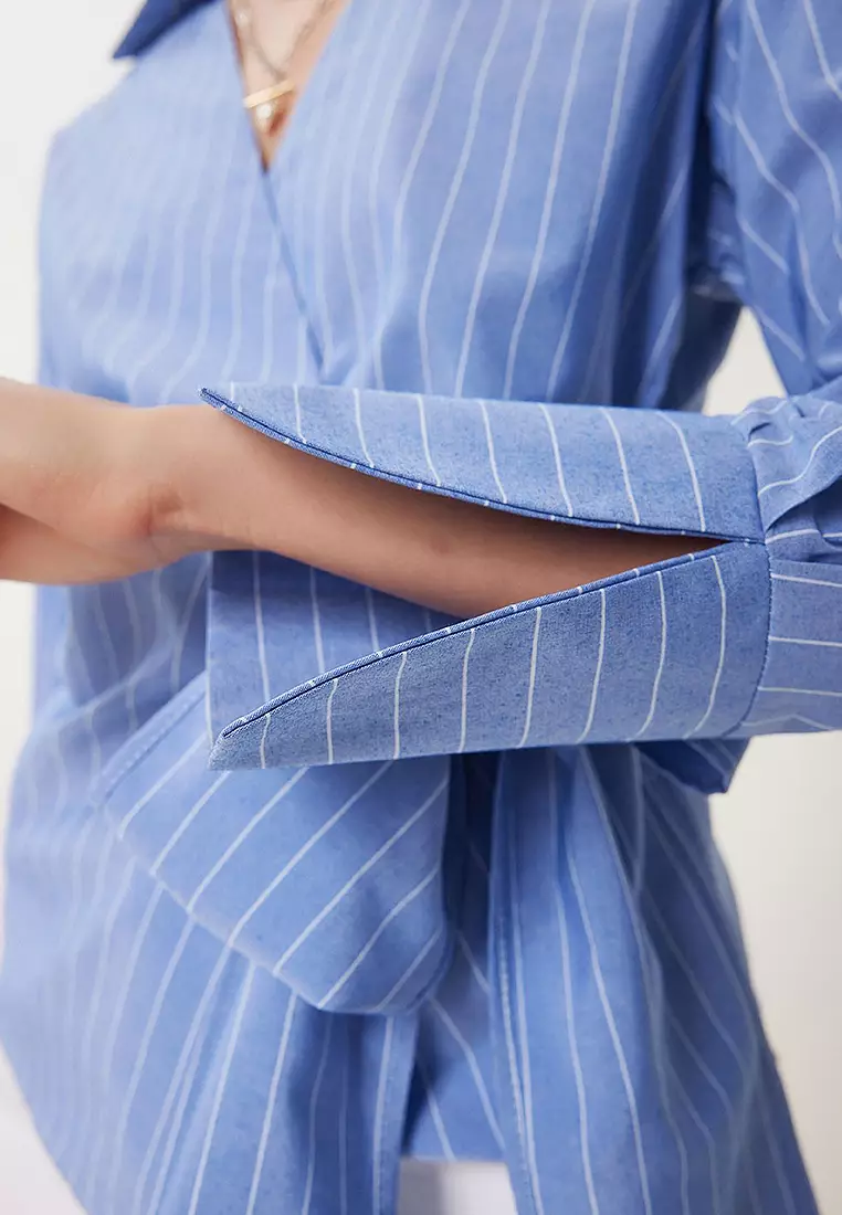 Shirt Collar Striped Wrap Poplin Blouse
