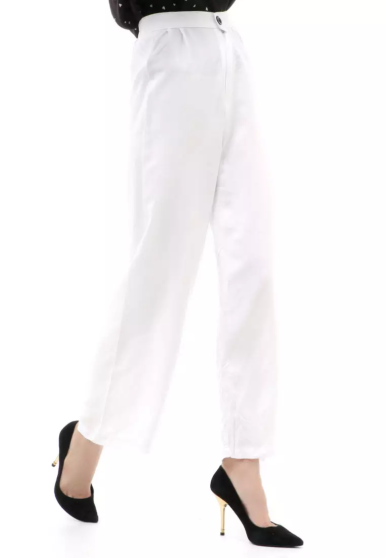 Jourel Celana Panjang Kasual Kulot Highwaist Wanita Style Kancing Resleting Material Rayon ORIGINAL - White