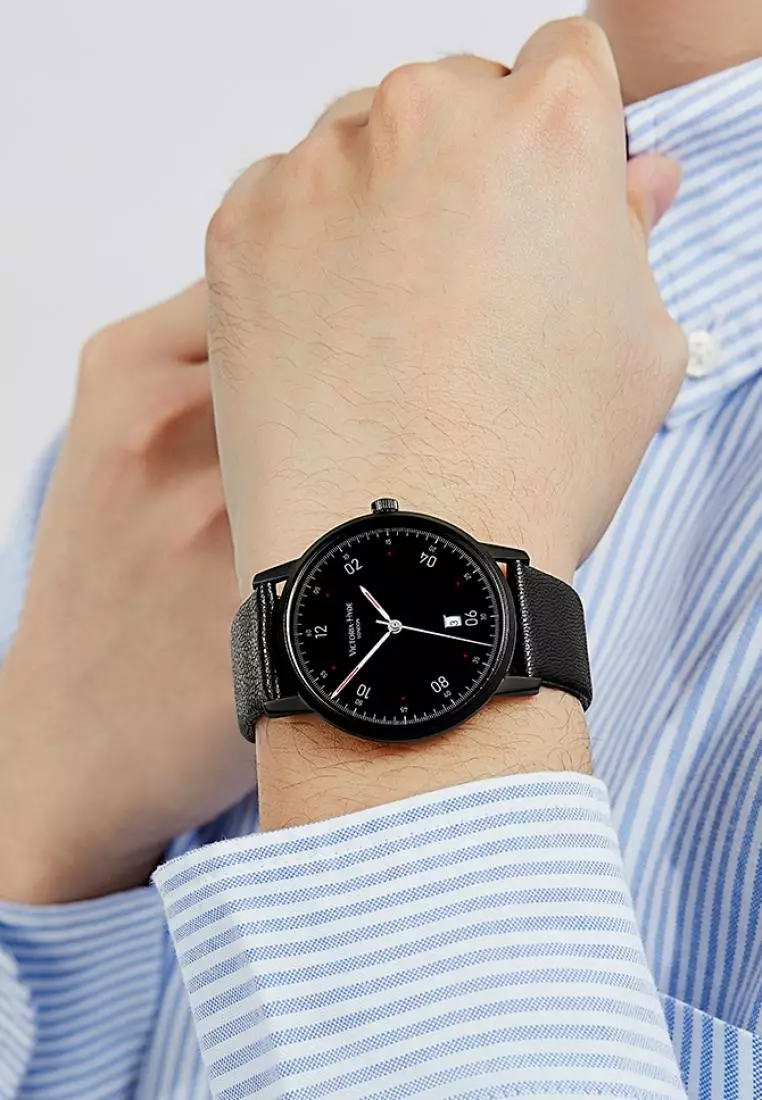 Orton 男士休閑手表 φ39mm圓形表盤 真皮表帶 包豪斯風格 日曆功能防水表-黑色