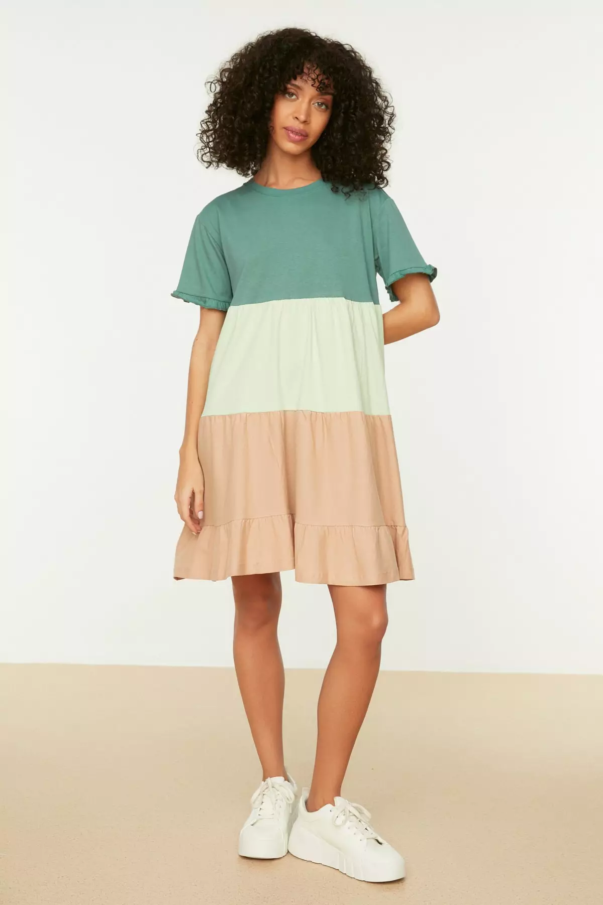 Green 1% Cotton Color Blocked Shift/Plain Mini Knitted Dress Twoss2El1638