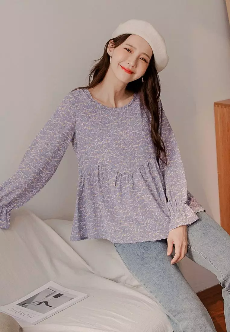 滿版碎花傘襬荷葉袖口上衣《AB16118》