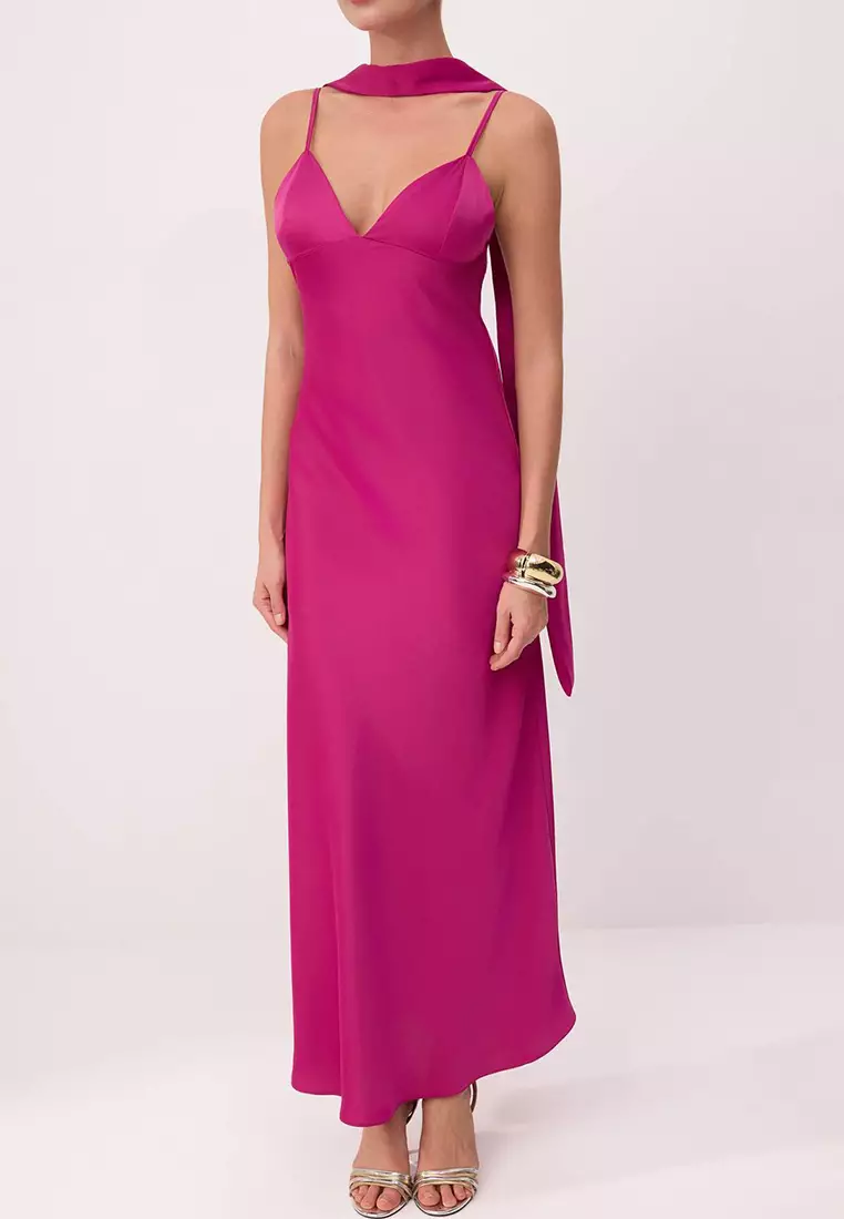 Fuchsia Plain Scarf Woven Satin Maxi Lined Stylish/Evening Dress