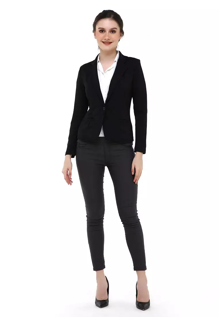 Qemsya Blazer Wanita Slim Fit Plain Suit Formal Longsleeve Material Scuba ORIGINAL - Black