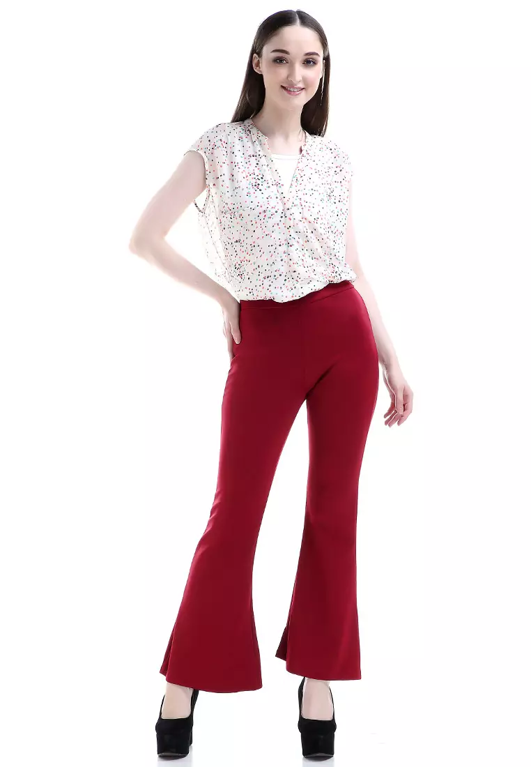 Zahlee Celana Cutbray Wanita Long Pants Woman Highwaist Kasual Bawahan - Maroon