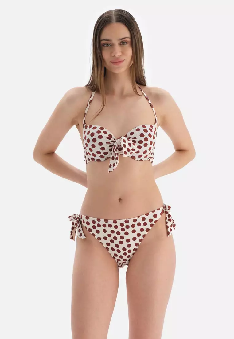 Brown Retro Bikini Top Bikini Top, Polka dot Printed, Half-padded, Underwire, Swimwear for Women