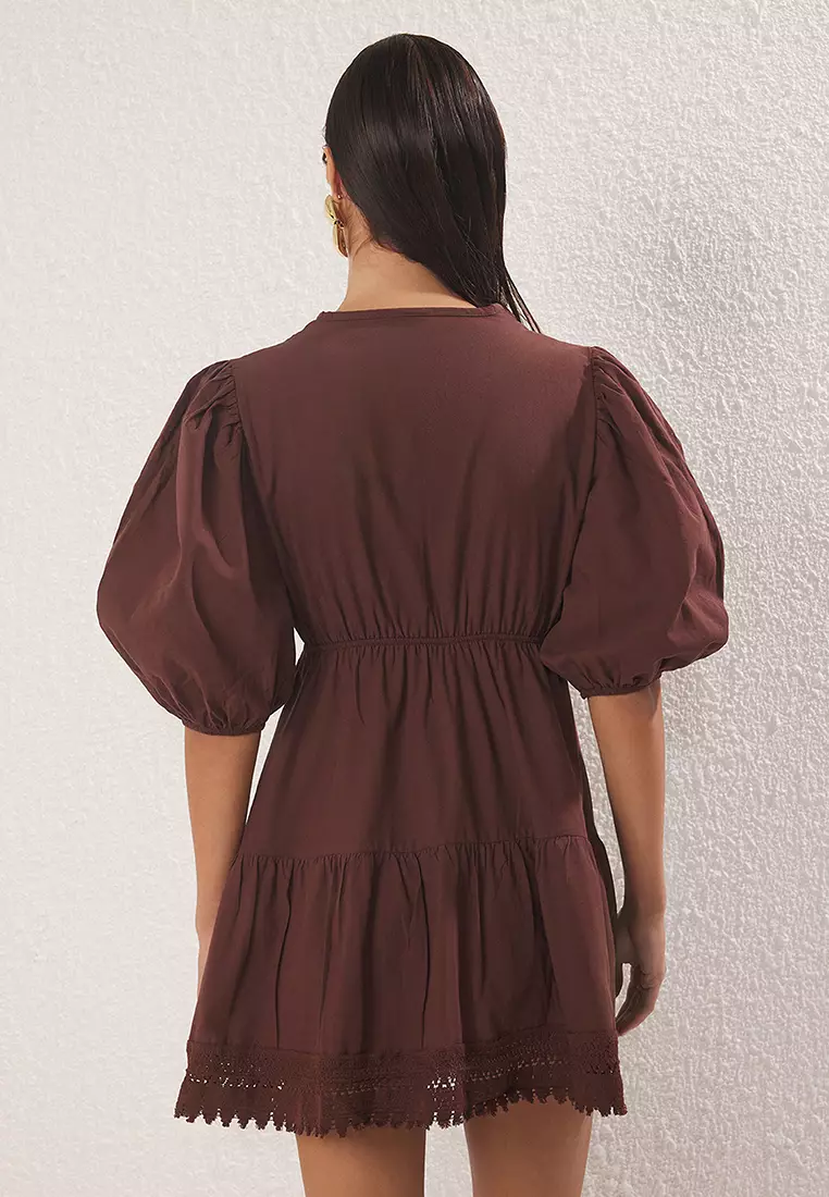Brown Mini Woven Lace Detailed 100% Cotton Beach Dress Tbess24El00116