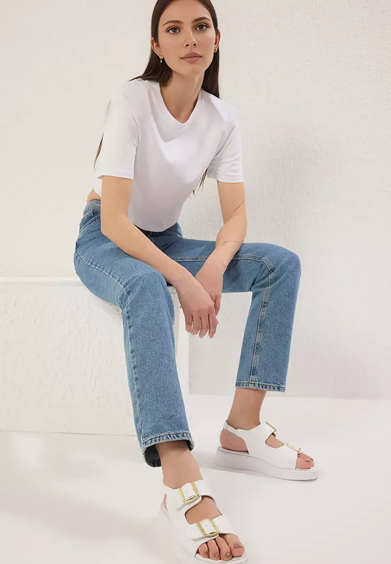 White Double Buckle Women's Thick Sole Sandals Takaw25Sd00000