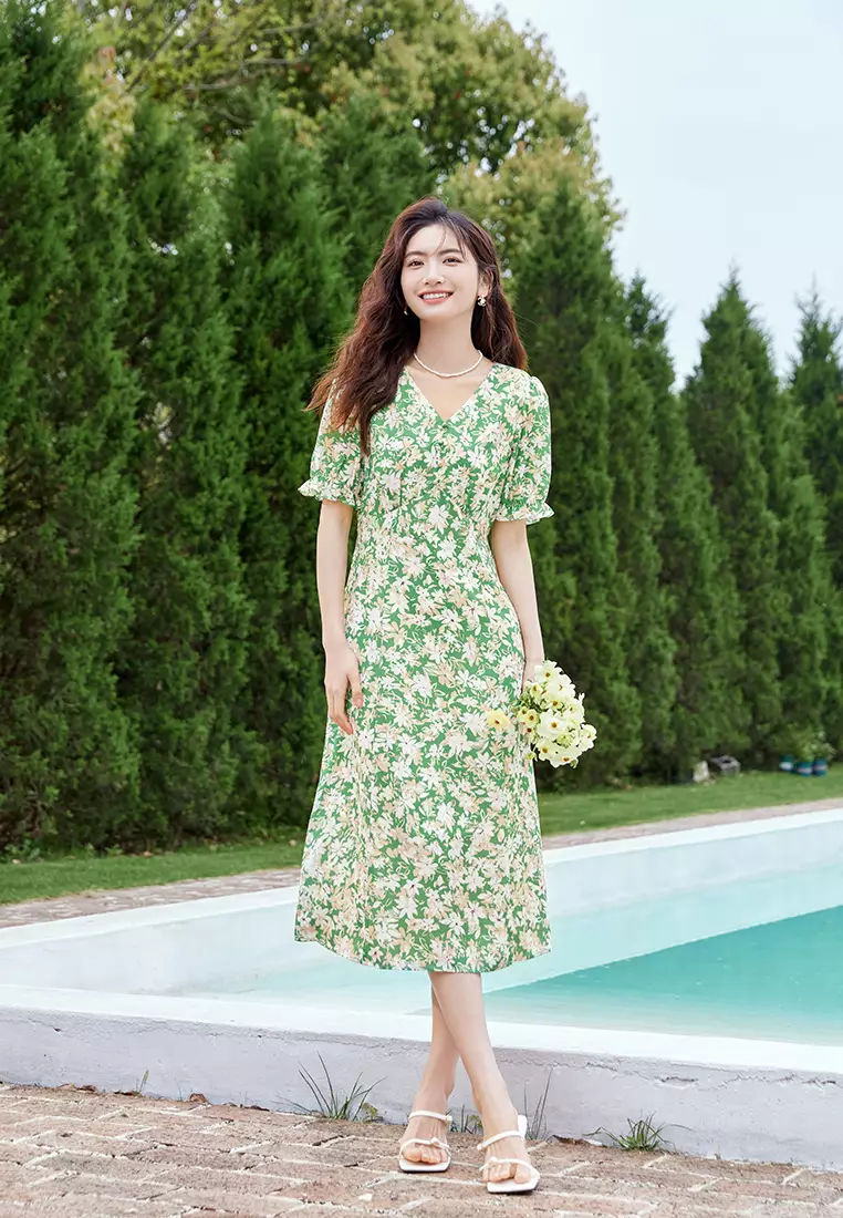 Puff Ruffled Sleeve Summer Midi Dress