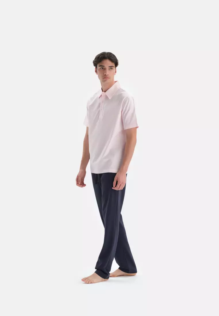 Pink T-Shirt, Shirt Collar, Regular Fit, Short Sleeve Loungewear for Men