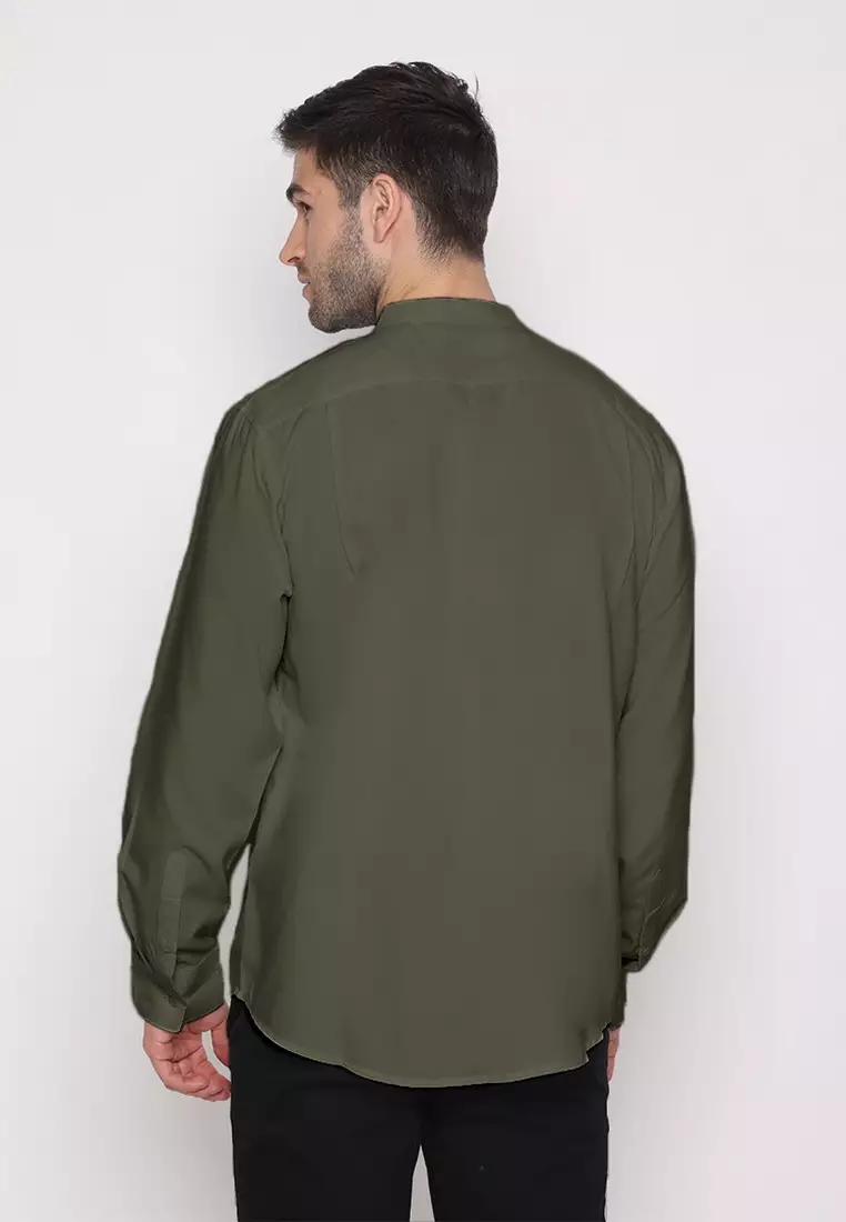 POLICE Kemeja Koko Polos Cotton Soft Olive Tua Regular Fit Lengan Panjang Pria