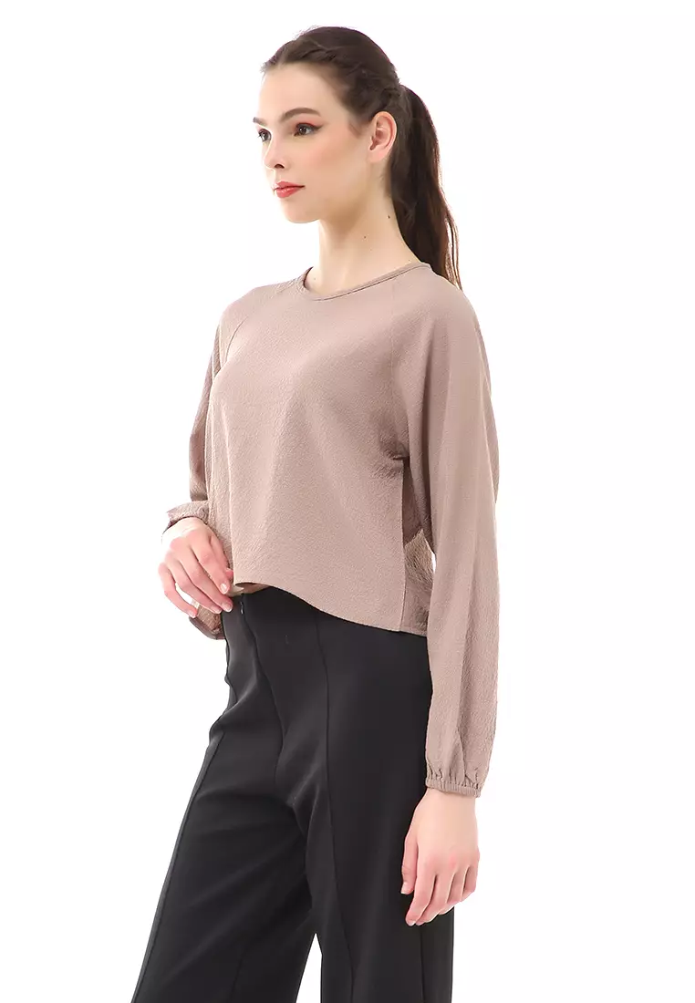Albertine Blouse Atasan Wanita Lengan Panjang Desain Balon Material Crinkle ORIGINAL - Coffee