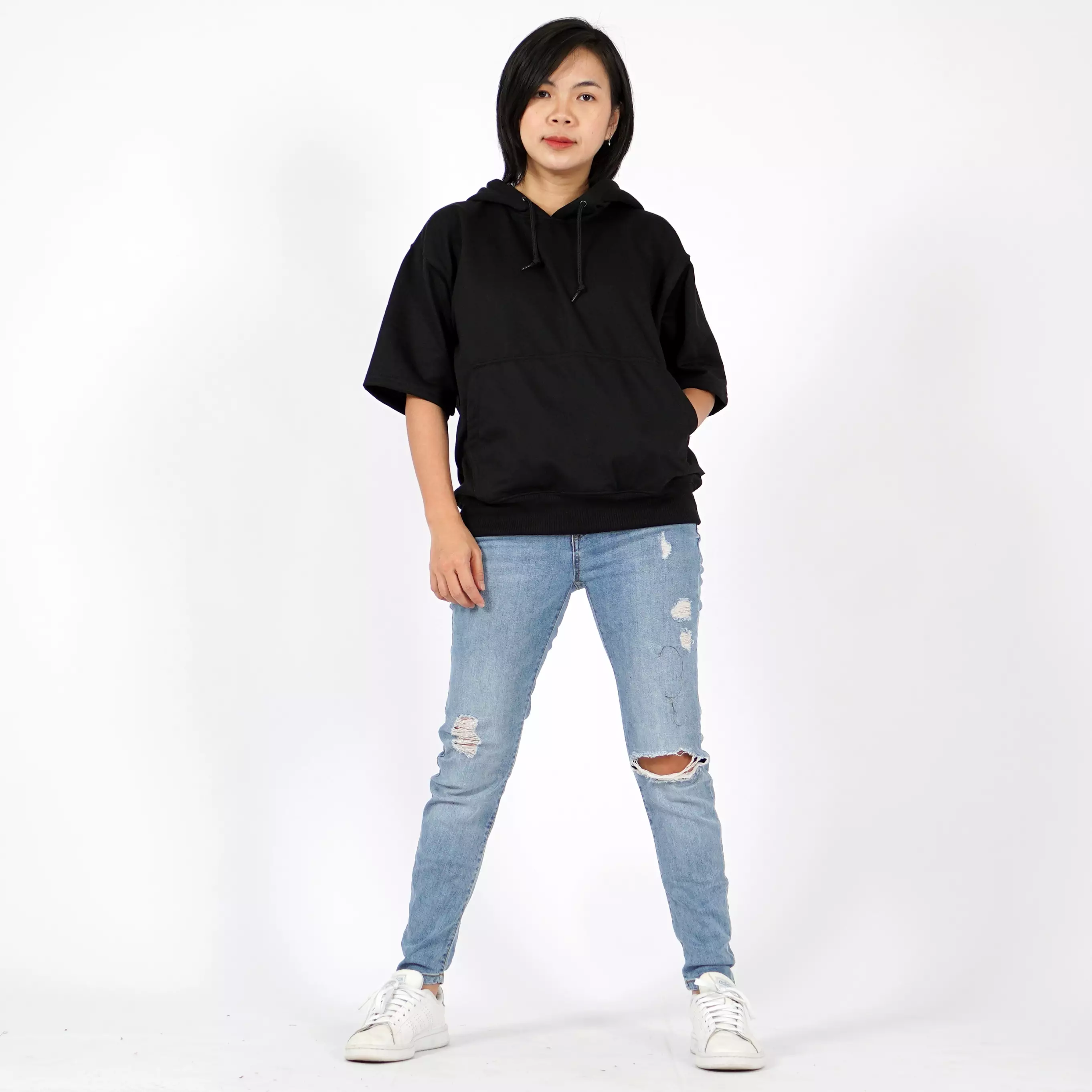  RICHA Top Hoodie Lengan Pendek Wanita Sweater Hoodie Short-HITAM