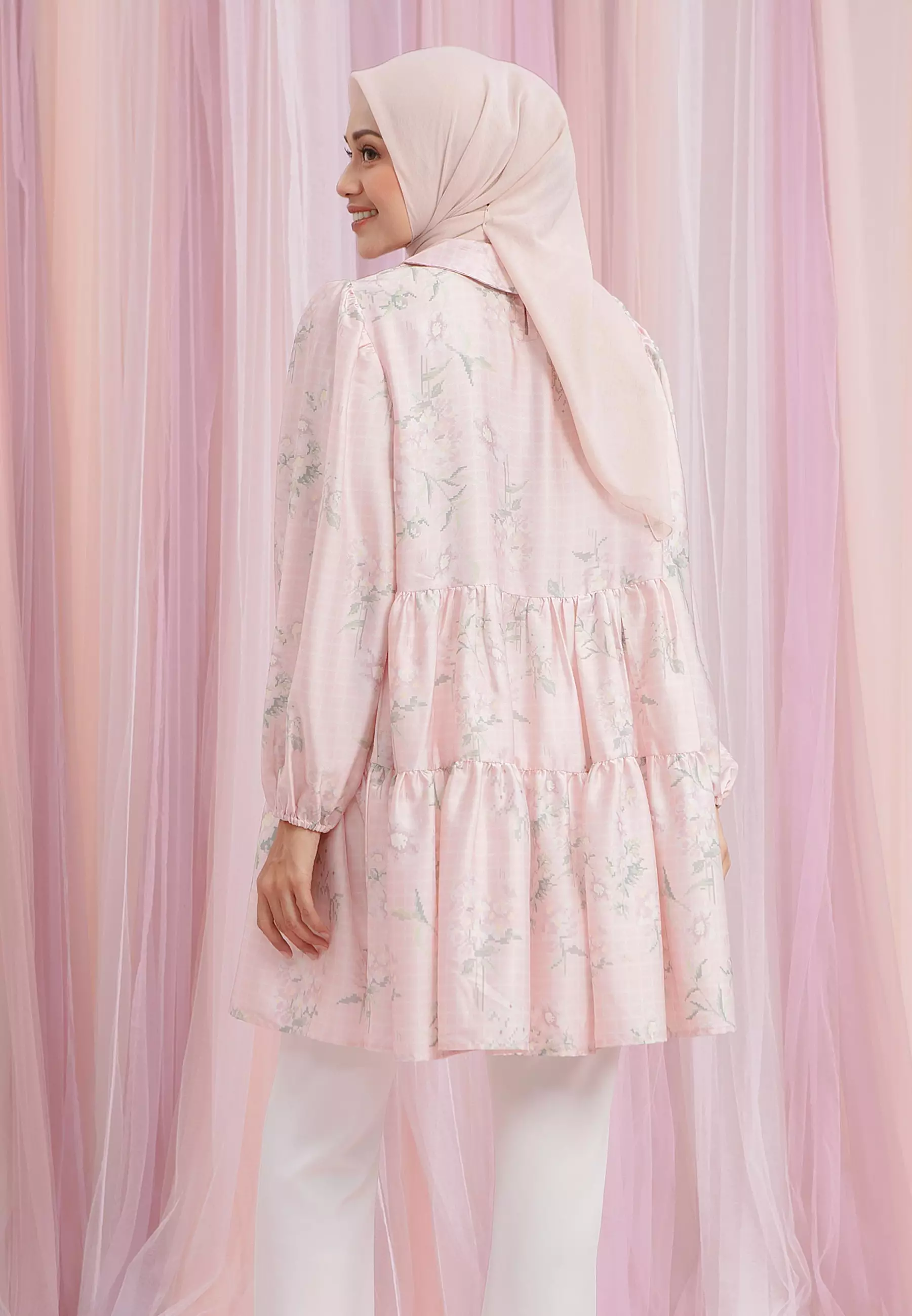HijabChic Maude Carnation Pink Tunic - Tunik Lebaran Motif Bunga Satin Premium Layer Kerut Mewah