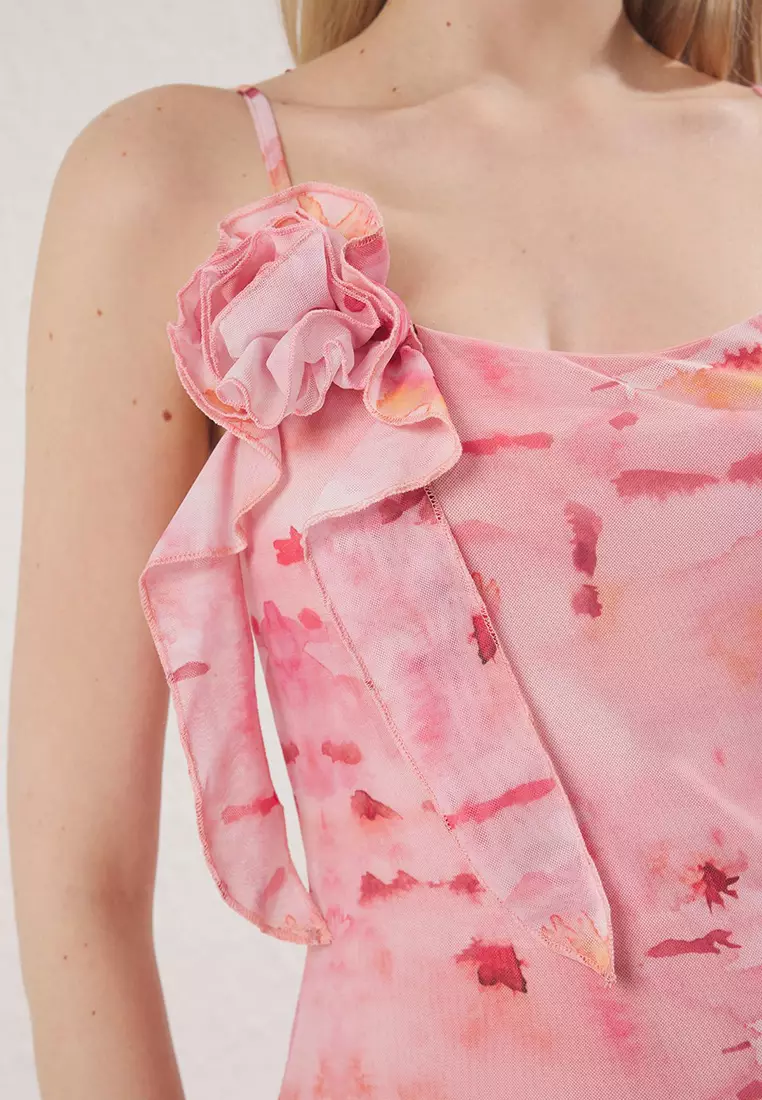 Pink Abstract Printed Tulle Drape Maxi Knit Dress TWOSS25EL00168