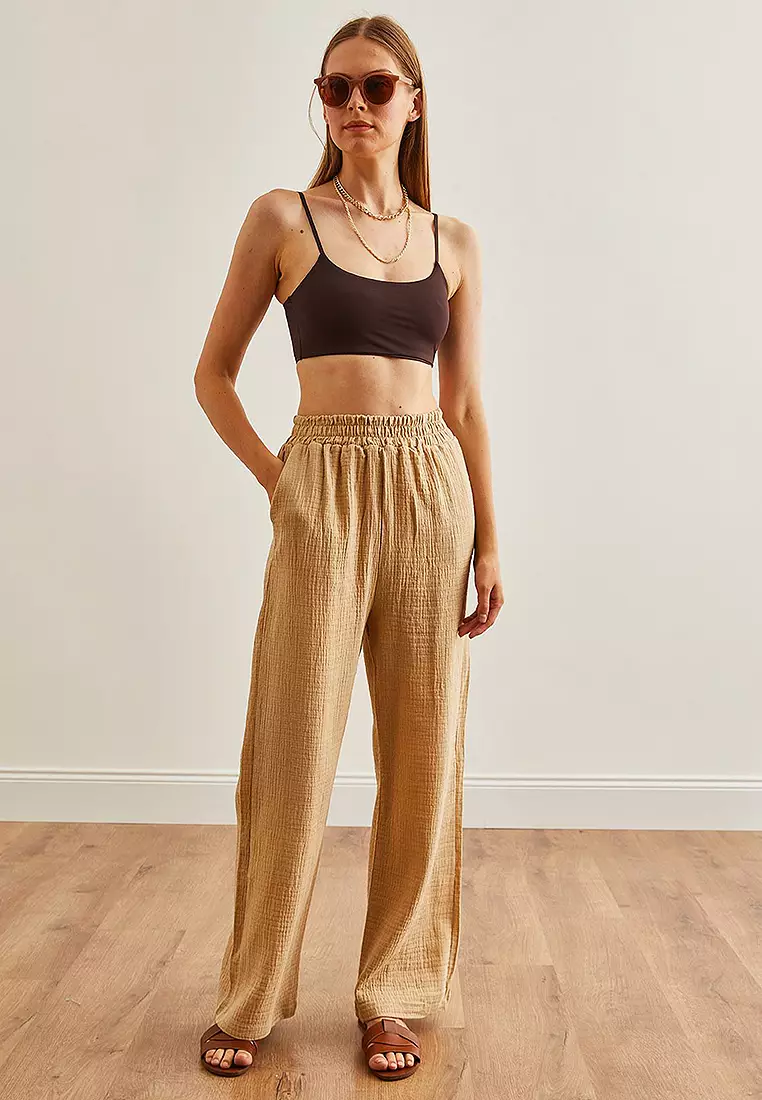 Elastic Waist Pocket Muslin Trousers