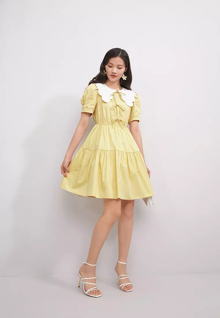 Contast Collar Tiered Mini Dress