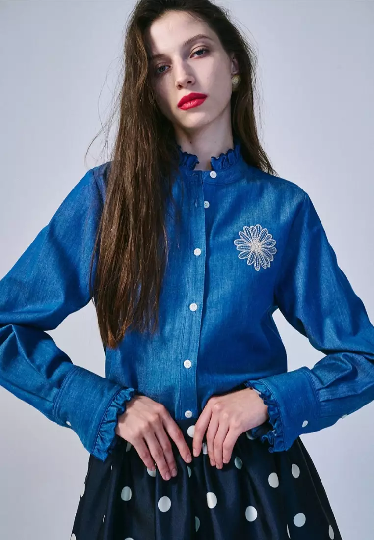 Shirt Frill Collar - Blue Beige