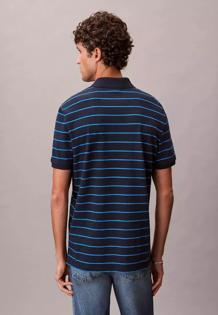 CKJ Mens Short Sleeve Striped Pique Monogram Polo