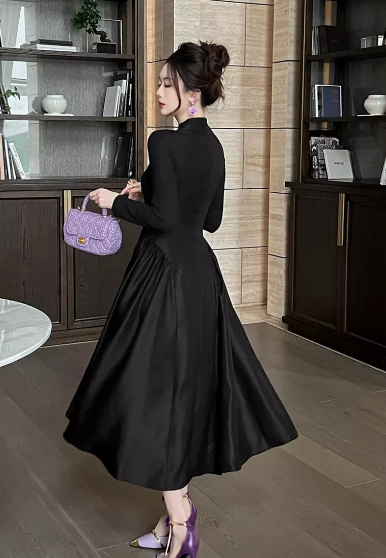 New French-style stand-up collar slim-fit black dress CA25110332BK